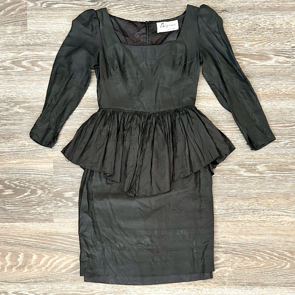 Vintage 80s Mignon Black Silk Peplum Dress – Designed by Dorothy Farbo